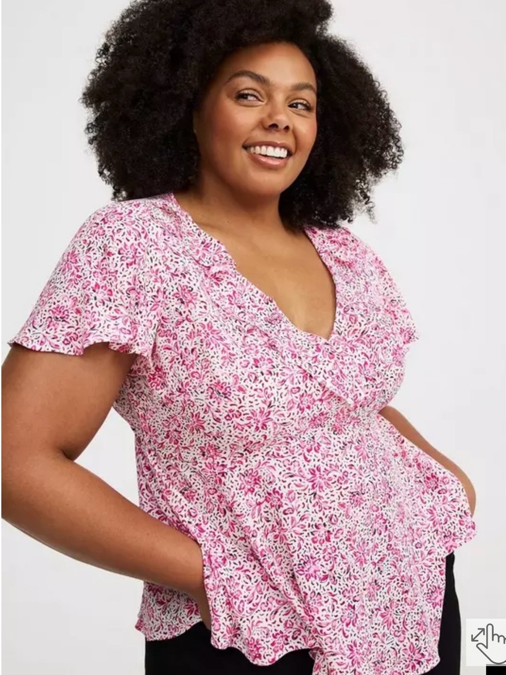 Pink Floral V-Neck Ruffle Peplum Blouse